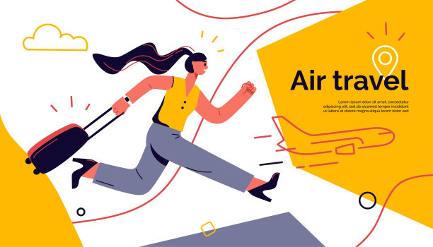 向量插图的一个年轻女子与行李匆忙登机图片下载