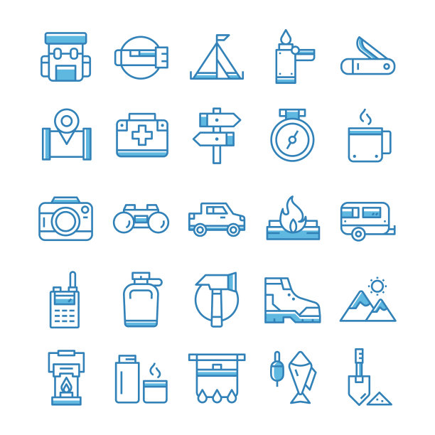 设置徒步露营图标与蓝色风格图片下载