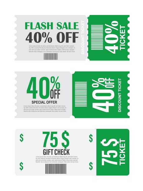 限时打折门票。40%的折扣券。75美元折扣券。图片下载