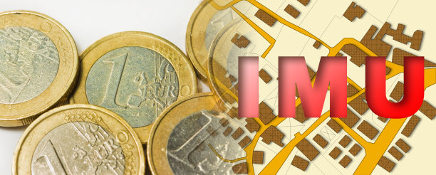 IMU(意为独特的市政税)是意大利最不受欢迎的土地和建筑税——带有地籍地图和欧元硬币的概念图片下载