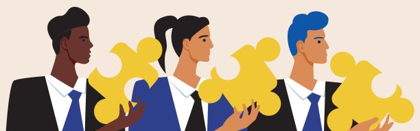 多元文化，人在拼图，平面矢量股票插图与非洲商人和欧洲女商人的成功概念图片下载