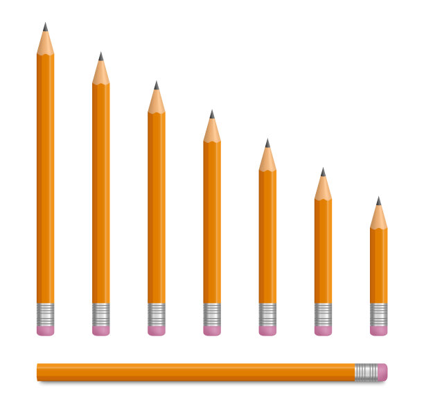 逼真的黄色铅笔和橡皮擦。铅笔是削不同长度的。木制铅笔。办公文具的工具。矢量插图。图片下载