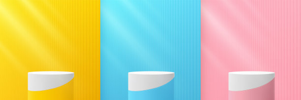一套抽象的黄色，蓝色，粉红色圆柱基座基座。粉彩垂直图案纹理背景。矢量渲染三维形状。化妆品展示展示。最小的墙的场景。图片下载