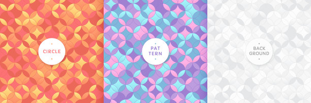 一套无缝时尚的彩色几何圆背景。现代简约粉彩几何纹理收藏。红、黄、粉、蓝、白四色图案抽象设计。矢量图图片下载