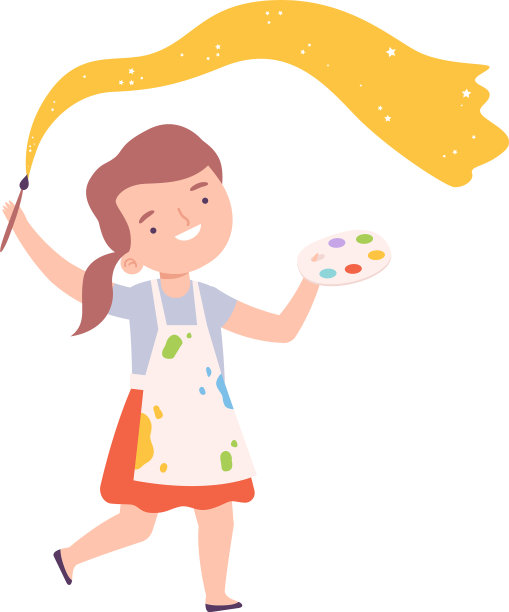 快乐的女孩用调色板和画笔作画图片下载