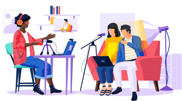 一对夫妇拿着笔记本电脑对着麦克风唱歌图片下载