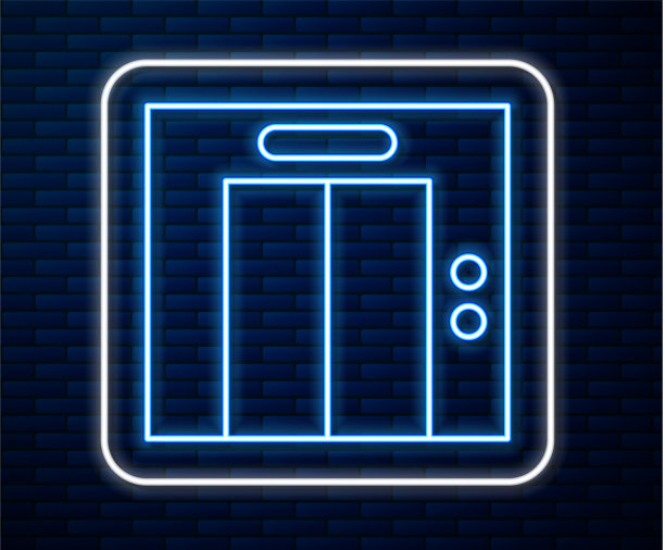 发光的霓虹灯线电梯图标孤立在砖墙上图片下载