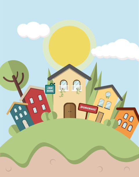矢量插图与乡村酒店，树木和阳光明媚的天空的一个丰富多彩的村庄图片下载