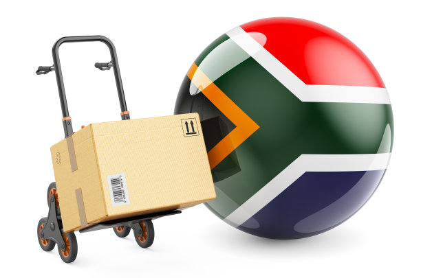手推车上的包裹，上面插着南非国旗。南非航运，概念。3D渲染孤立的白色背景图片下载