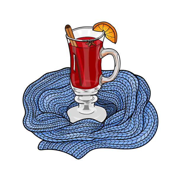 一杯热红酒，一条蓝色的针织围巾图片下载