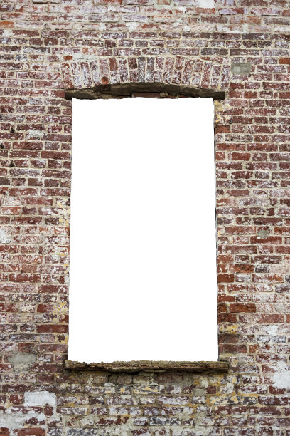 红色砖墙，中间有个洞。孤立在白色背景上。乏味的东西。垂直框架图片下载