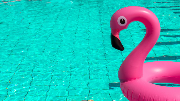 暑假海报。粉红色的充气火烈鸟在游泳池的水为夏天的海滩背景。有趣的小鸟玩具的孩子。图片下载