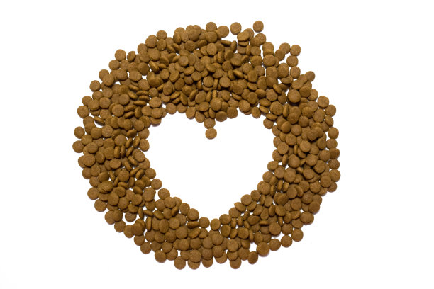 白色背景上的猫狗干粮。心从食物。图片下载