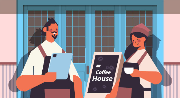 穿着制服的男人女人在咖啡馆当服务员图片下载