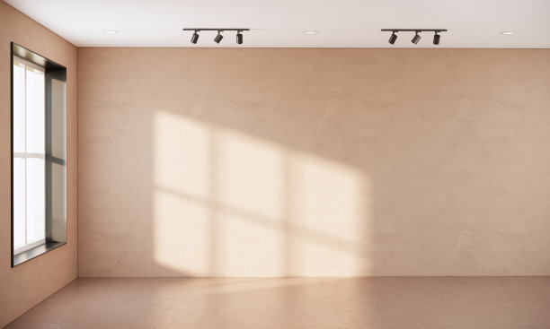 现代斯堪的纳维亚房间内部有窗户，日本风格工作室设计3d渲染图片下载