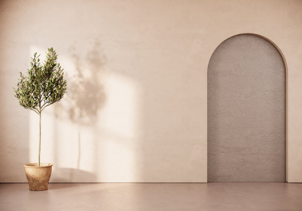 日本现代斯堪的纳维亚房间风格，公寓内部有树，3d渲染图片下载