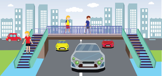 人行天桥、天桥、儿童使用人行横道。地下通道。交通教育。儿童交通规则。交通标志。桥。人行天桥图片下载