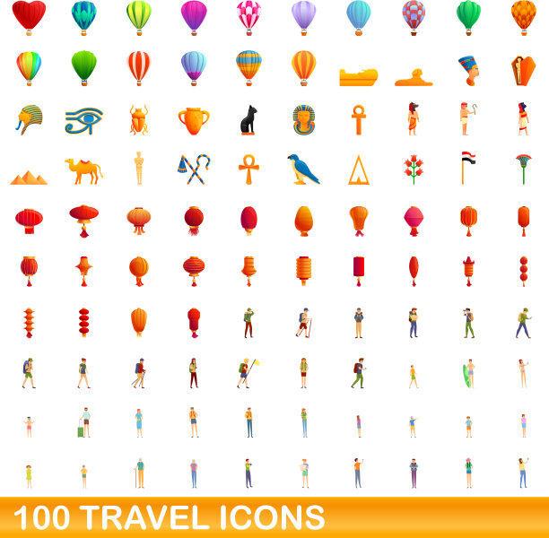 100旅行图标设置卡通风格图片下载