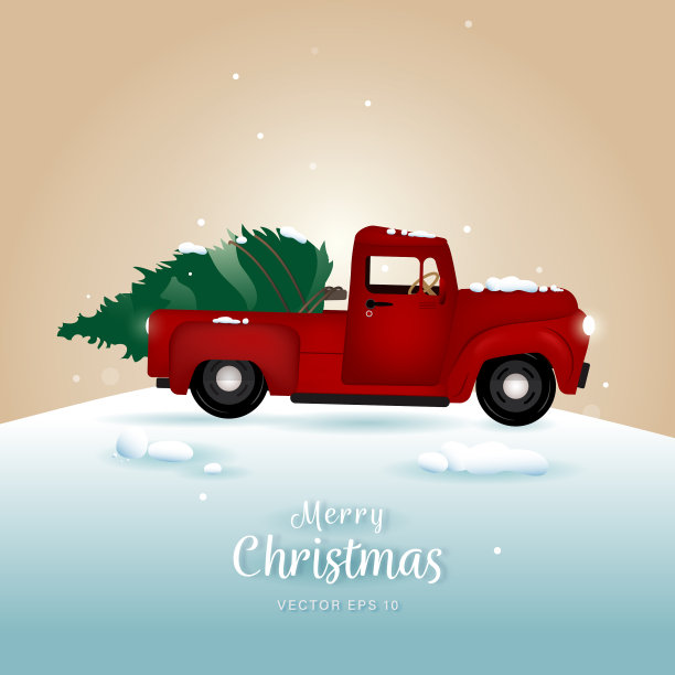 雪地里可爱的红色圣诞树卡车图片下载