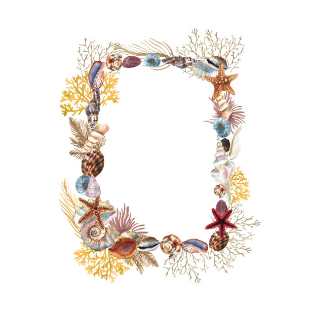 美丽的水彩框架与五颜六色的贝壳，星星和植物的装饰设计。艺术背景。水下花卉插图图片下载