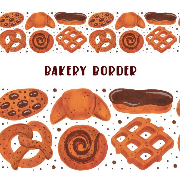 面包店无缝的边界。面包房设置的元素，剪贴画。椒盐卷饼，羊角面包，百吉饼，面包卷，泡芙，华夫饼，饼干。水彩的食物。图片下载