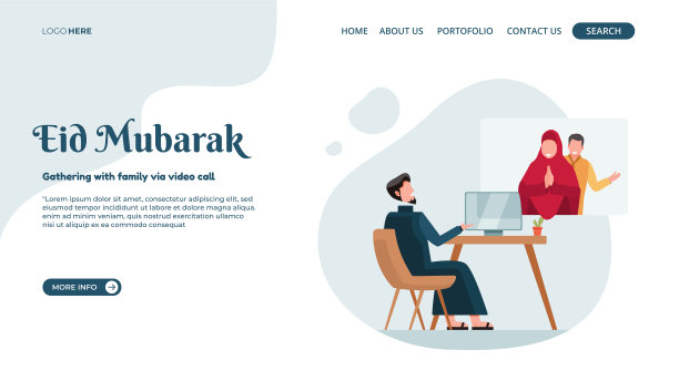 向量插图开斋节穆巴拉克在线登陆页或网络横幅与家庭聚会的概念通过视频电话图片下载