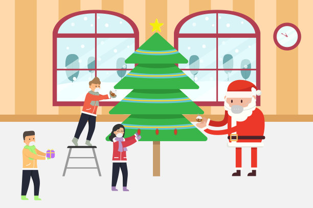 孩子和圣诞老人装饰圣诞树图片下载