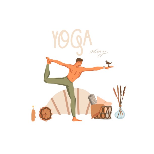 手绘矢量抽象股票图形波西米亚剪纸插图与年轻快乐的男性角色，冥想和瑜伽练习者场景孤立在白色的背景图片下载