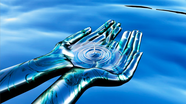 一个机器人的手，舀起安全和清洁的水。图片下载