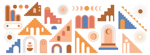 摩洛哥楼梯，拱门，墙壁，弧集矢量。波西米亚风格的建筑元素。突尼斯，阿尔及利亚流行抽象印刷。波希米亚的太阳，月亮，线条，门。当代审美墙艺术。图片下载