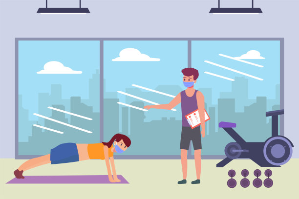 戴着口罩的女人和教练做俯卧撑图片下载