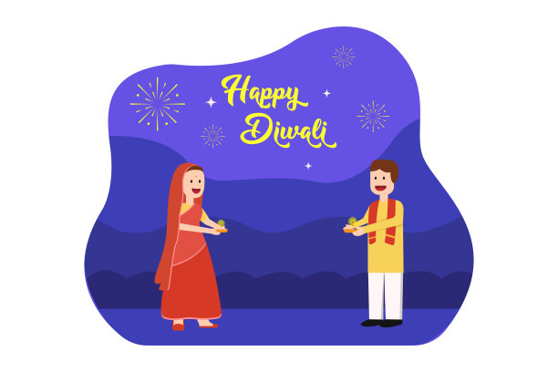 印度夫妇庆祝排灯节的漫画图片下载
