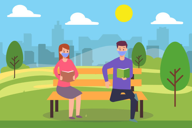 一对年轻夫妇一起坐在长凳上看书图片下载