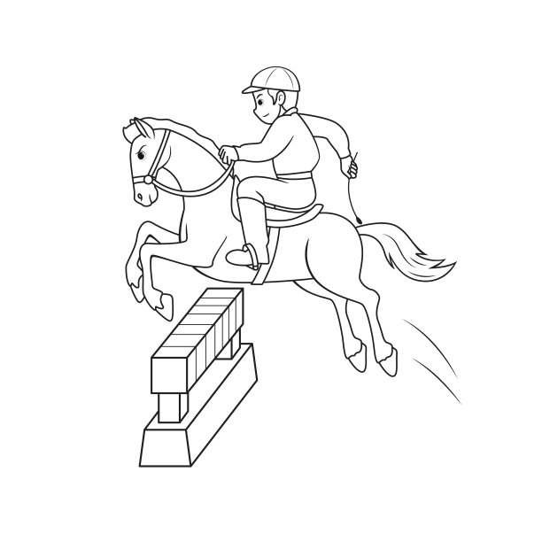 一个人骑在马背上的矢量插图马术运动训练孤立在白色背景上。儿童涂色页，绘画，艺术，第一个单词，闪存卡。彩色卡通人物剪贴画。图片下载