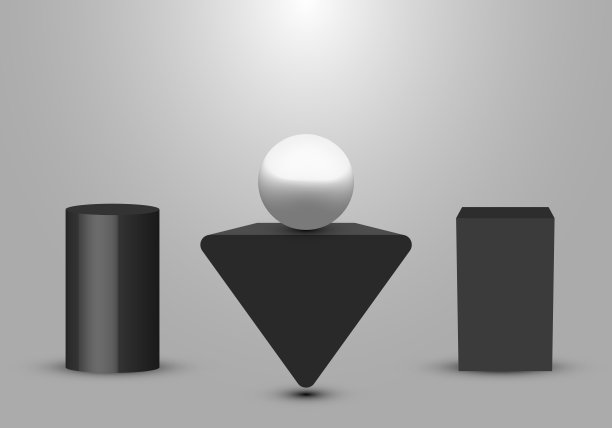 3D现实的黑色几何基座，三角形，盒子工作室房间与轻产品架子上的白色背景图片下载