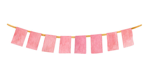 水彩派对花环与8方旗。粉红色手画悬挂生日装饰。可爱的旗帜与复制空间隔离在白色的背景。生日快乐的剪报给孩子们，女孩们。图片下载