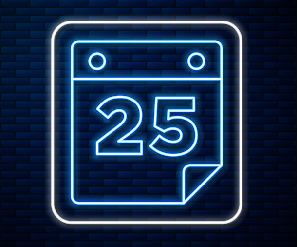发光的霓虹灯行日历图标隔离在砖块上图片下载