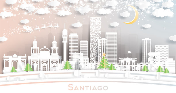 智利圣地亚哥城市天际线剪纸风格图片下载