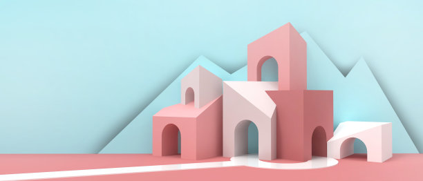 经营理念。抽象建筑、现代背景和家庭粉色折纸艺术。设计横幅，复制空间，数字，横幅，网站-3d渲染图片下载