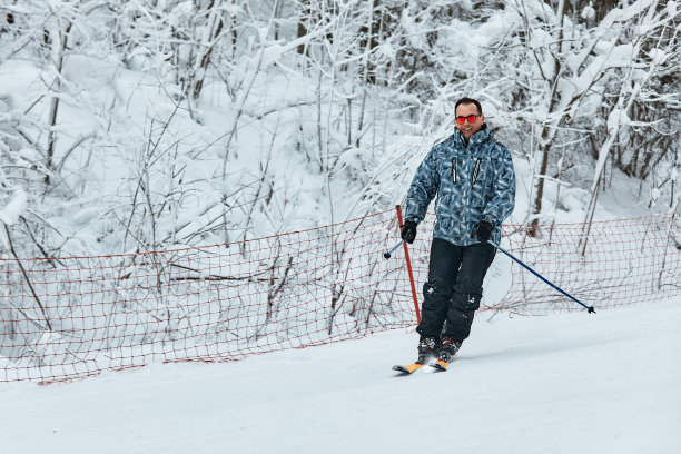 一个穿着灰色夹克的滑雪者在一个霜冻的日子骑马下坡图片下载