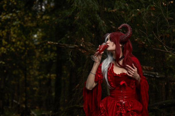 时尚时尚的模特女孩玛琳菲森在神秘森林中摆姿势——童话故事，cosplay。万圣节图片下载