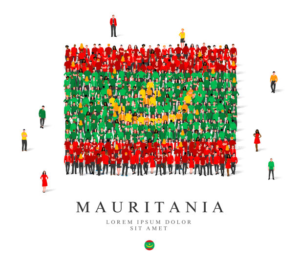 一大群人穿着绿色、黄色和红色的长袍，象征着毛里塔尼亚的国旗。图片下载