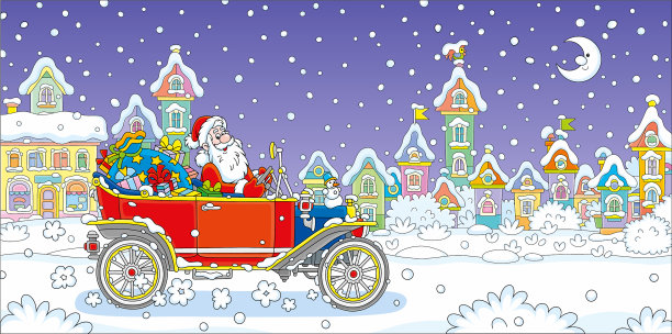 圣诞老人开着带着礼物的复古车图片下载