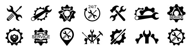 服务的图标集。扳手，锤子，螺丝刀和齿轮图标。汽车商标服务。服务标志、设置和维修向量图片下载