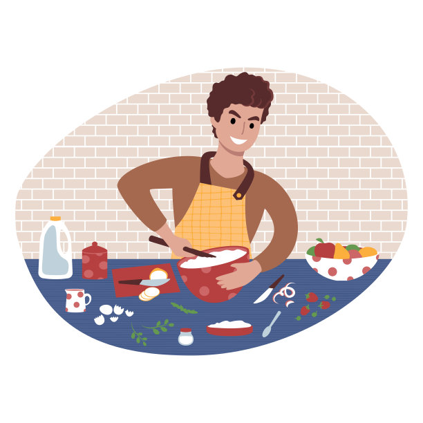 年轻人正在做饭。平面插画风格。图片下载