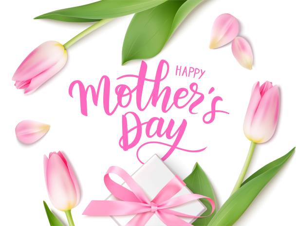 母亲节快乐设计模板。书法文字与装饰礼盒和粉红色郁金香花。平的。图片下载