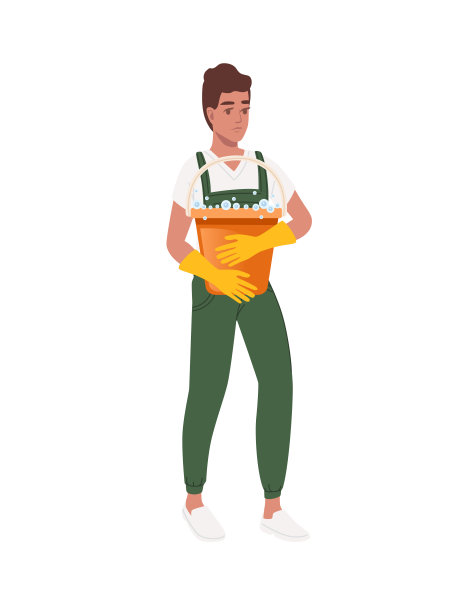 专业清洁工穿着绿色制服，戴着黄色橡胶手套，拿着带洗涤剂的水桶清洗过程卡通人物设计平面矢量插图，白色背景图片下载