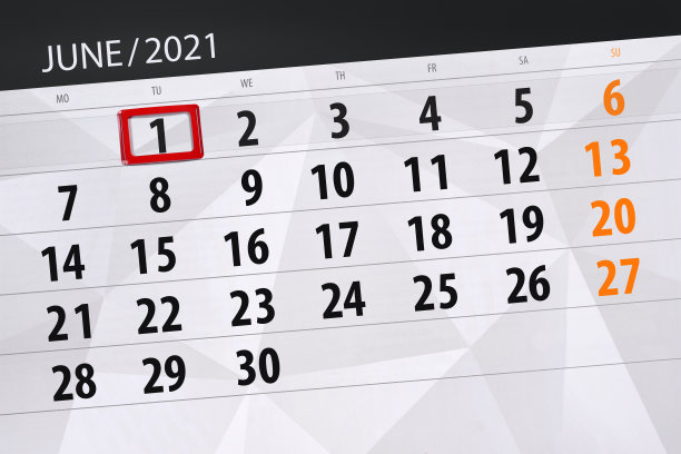 2021年6月的日历计划，截止日期，1日，星期二图片下载