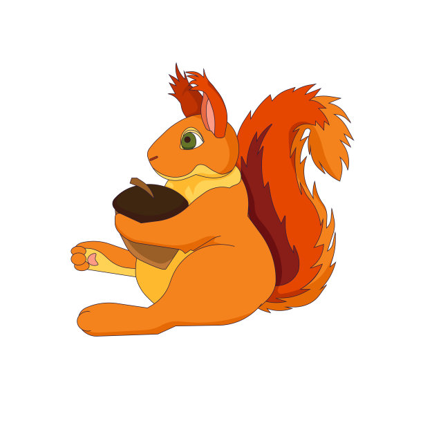 卡通概述松鼠与一个坚果在白色孤立的背景，可爱的矢量吃松鼠在卡通风格，野生动物和野生动物的概念，食品和饮料。图片下载