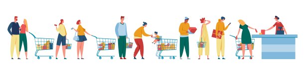 人队列。有收银员在柜台排队的顾客。男男女女推着购物车站在收银台前。杂货店结帐矢量插图图片下载